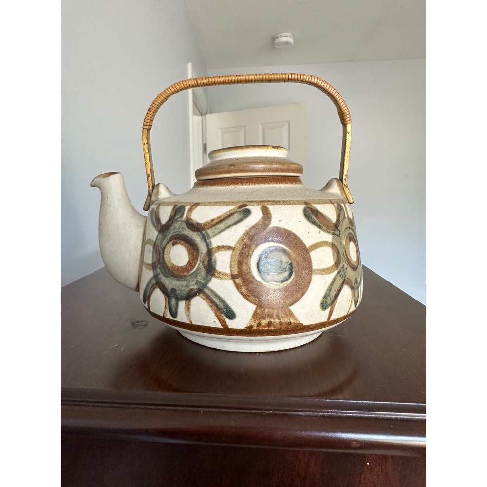 Vintage Stoneware Teapot Wicker Brass Handle MCM Abstract Hand Painted Ceramic
